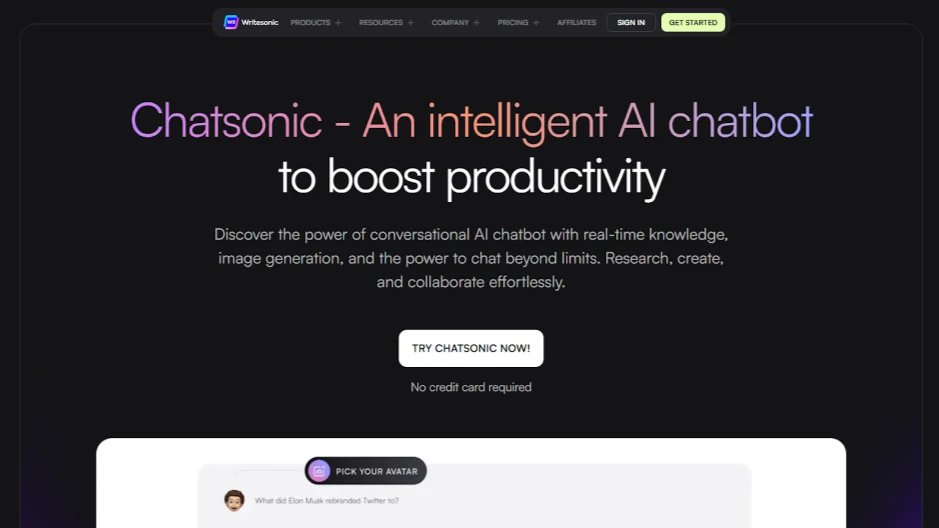 Chatsonic platform generating blog content, SEO copy, and AI art with voice and real-time search support.