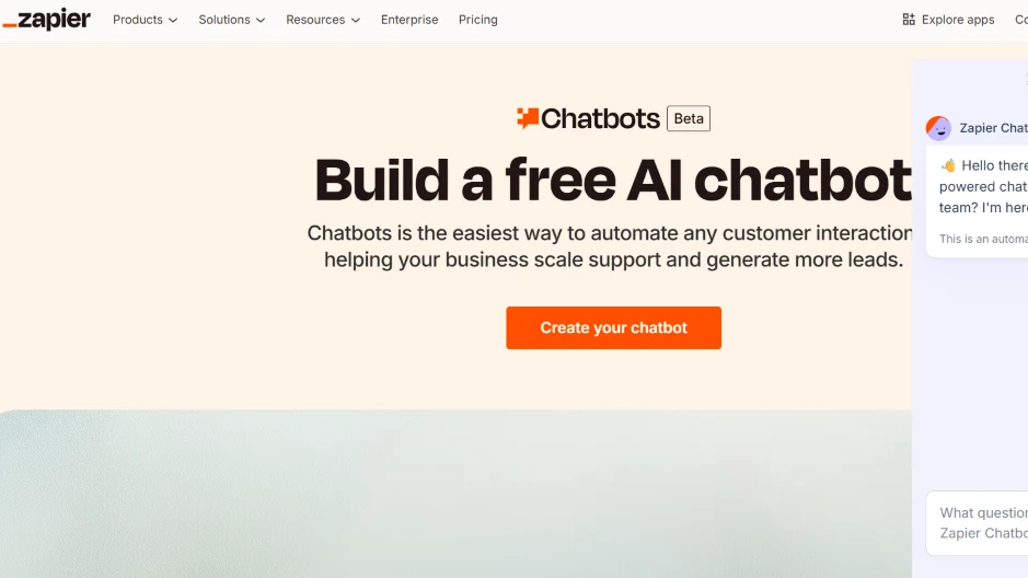Zapier AI builder for automating sales and marketing tasks with conversational prompts and no-code workflow setup.
