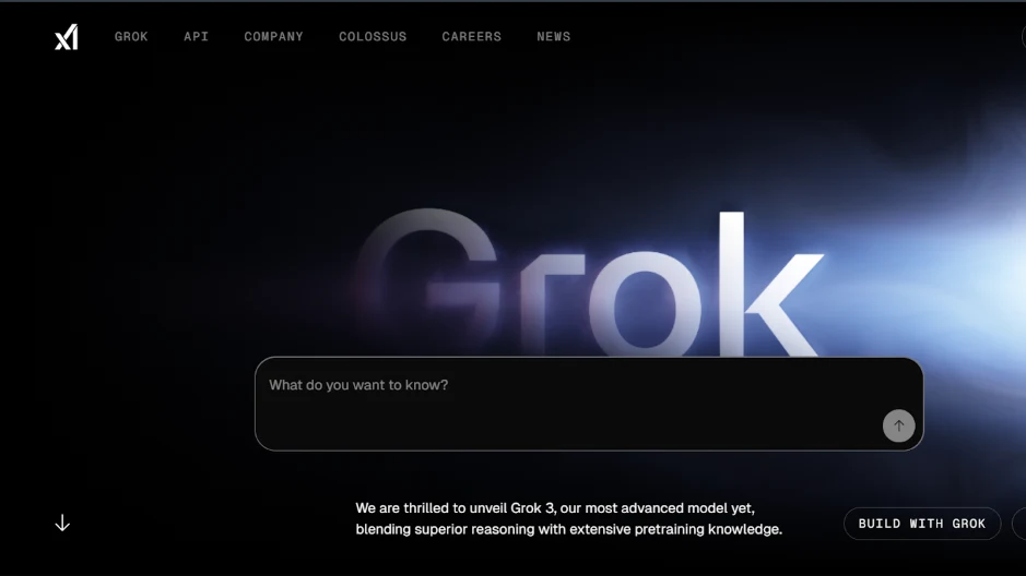 Grok AI homepage showcasing Grok 3 conversational assistant by xAi