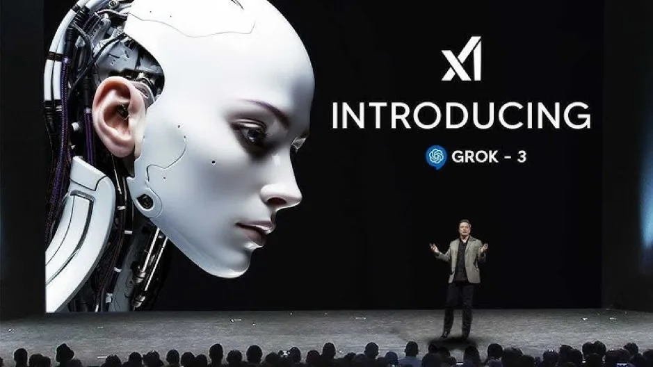 xAI Grok 3 AI launch event with humanoid robot image on the stage screen.