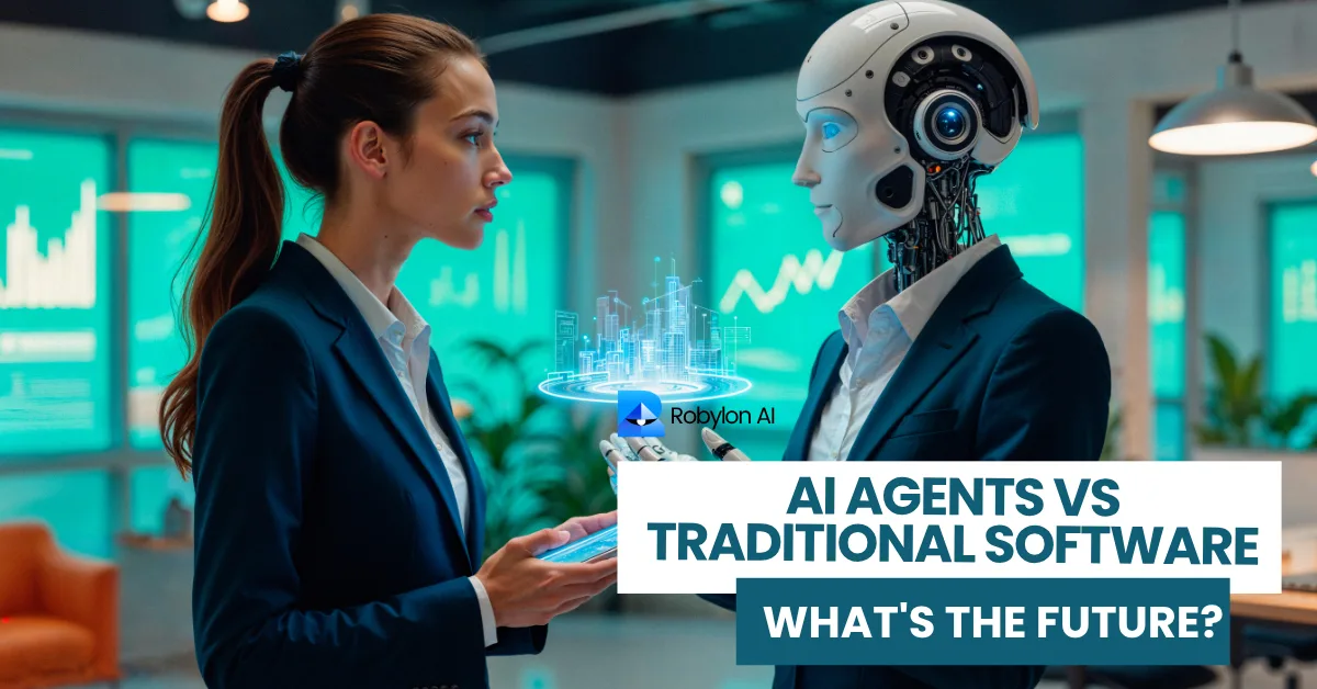 Human and AI robot in business meeting comparing AI agents vs traditional software