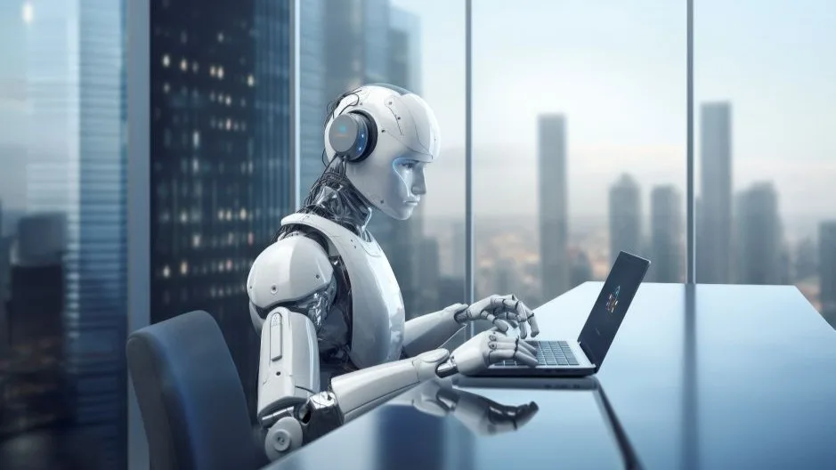 AI robot assistant working on a laptop in a modern corporate office