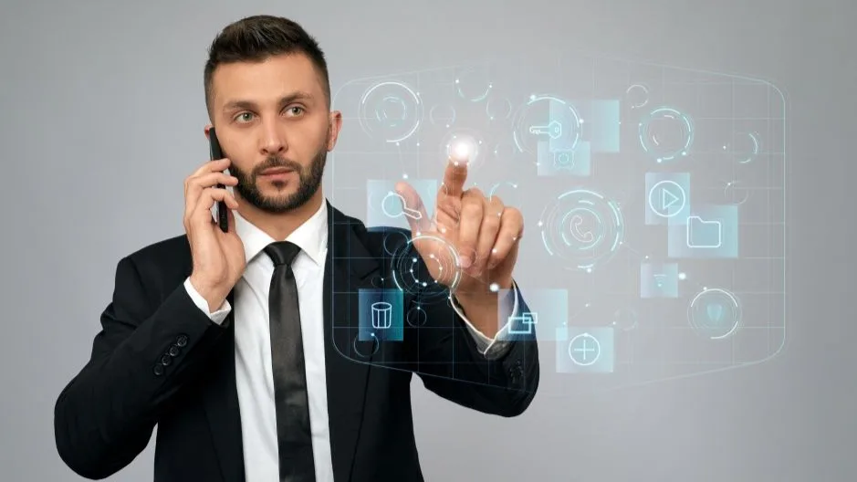 Business professional using virtual assistant technology with holographic interface