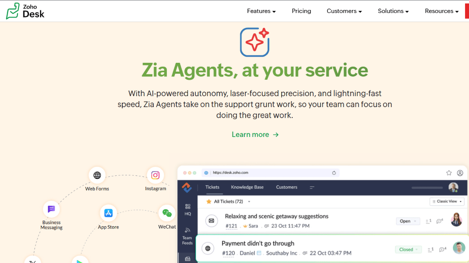 Zoho Desk interface showing CRM-integrated ticket management