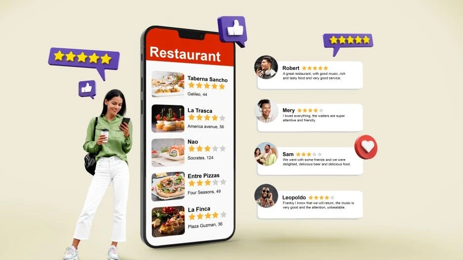 Customer checking restaurant reviews and ratings on a mobile app.