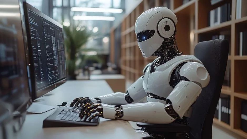 Humanoid robot using a computer to automate customer support tasks
