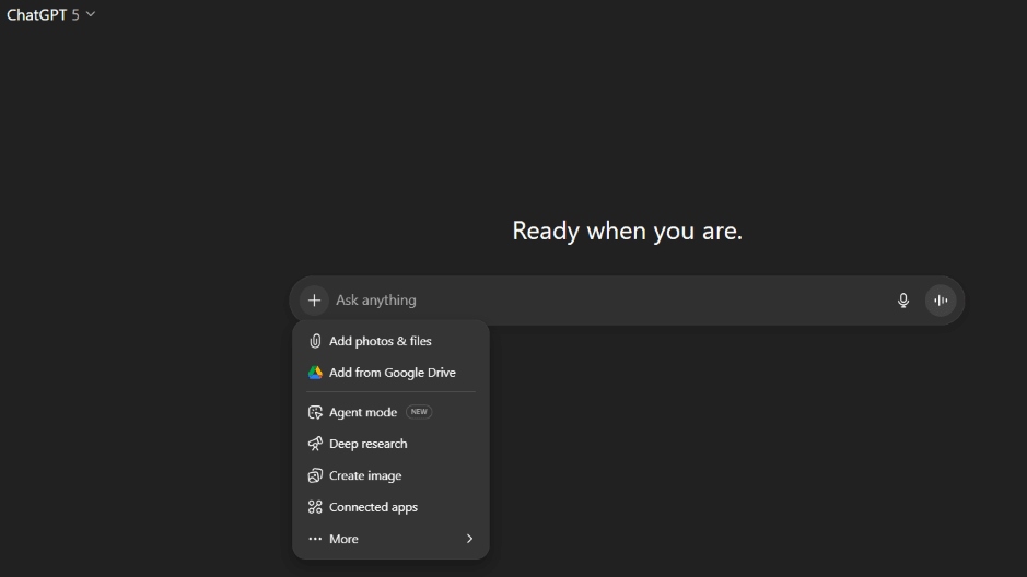 ChatGPT 5 dashboard interface with options for chat, research, and image creation.