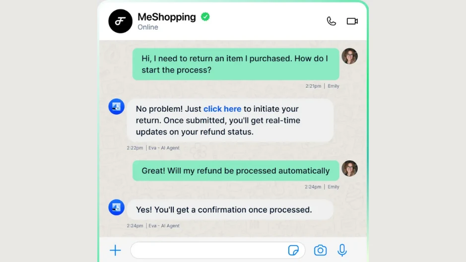 Robylon AI chatbot on WhatsApp helping a customer with returns and refunds.