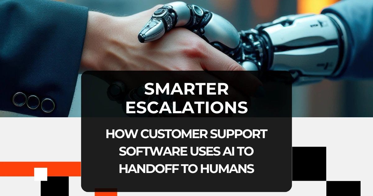Human hand shaking a robotic hand symbolizing AI-powered customer support and smarter escalation handoffs.