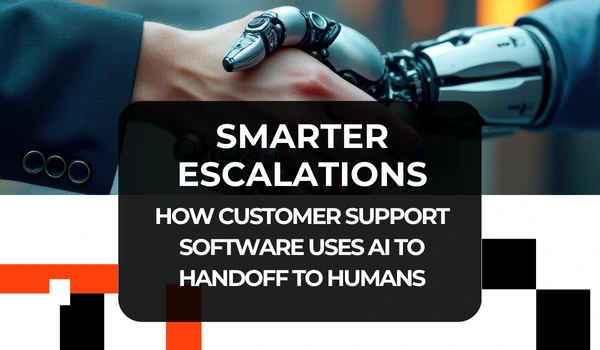 Human hand shaking a robotic hand symbolizing AI-powered customer support and smarter escalation handoffs.