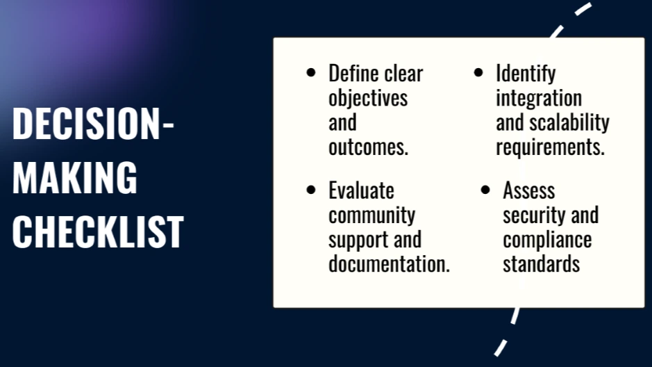 Decision-making checklist with key points on objectives, support, scalability, and security standards.