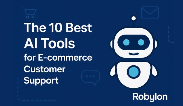 AI robot with shopping cart icon, showcasing the top 10 AI tools for e-commerce customer support in 2025