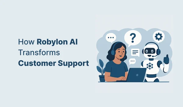 Woman and robot with headset, representing how Robylon AI transforms customer support in 2025.