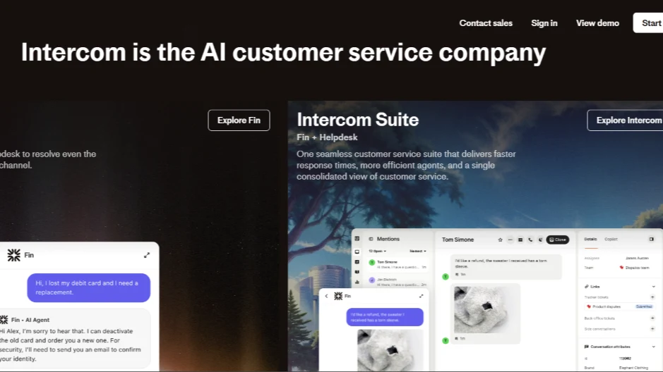 Intercom showcases Fin and Helpdesk suite for AI customer service across channels.