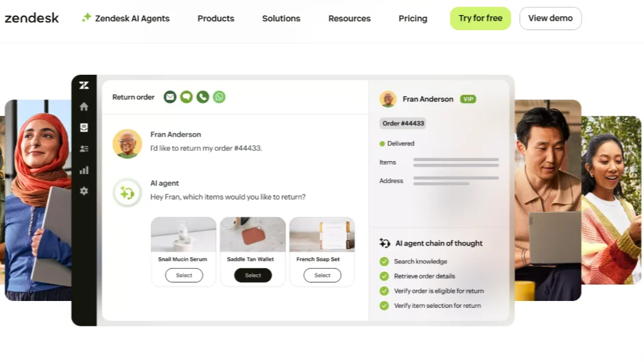 Zendesk AI Agents demo guiding a return order with item selection and verification steps.
