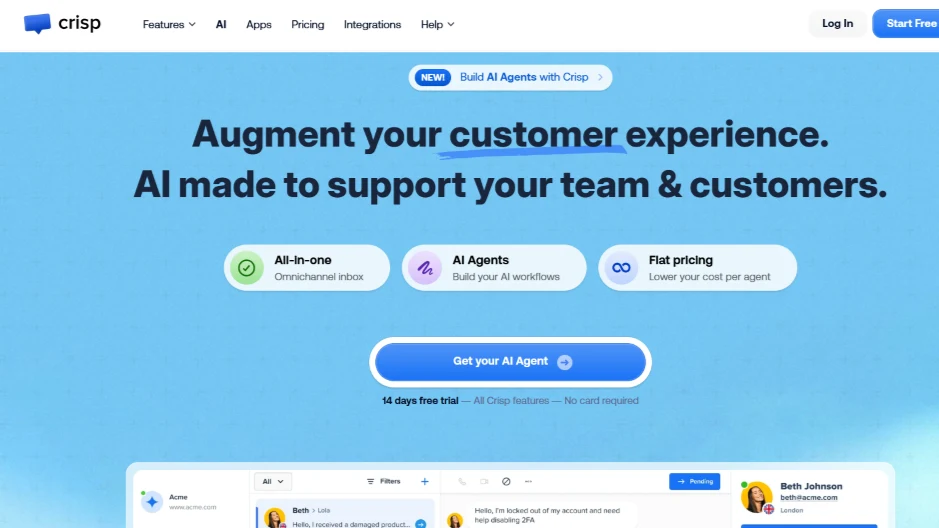 Crisp hero section highlighting AI agents, all-in-one omnichannel inbox, and flat pricing.