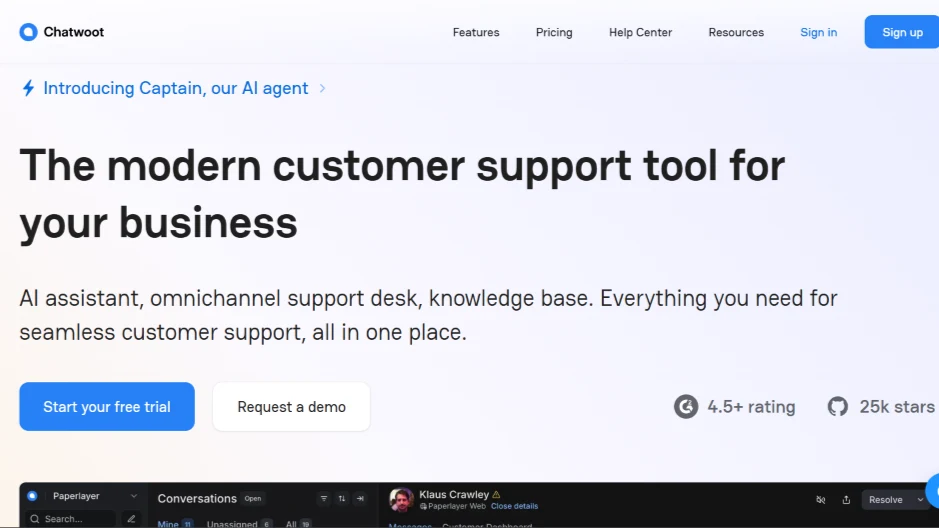 Chatwoot platform promoting AI assistant, omnichannel help desk, and knowledge base for support.