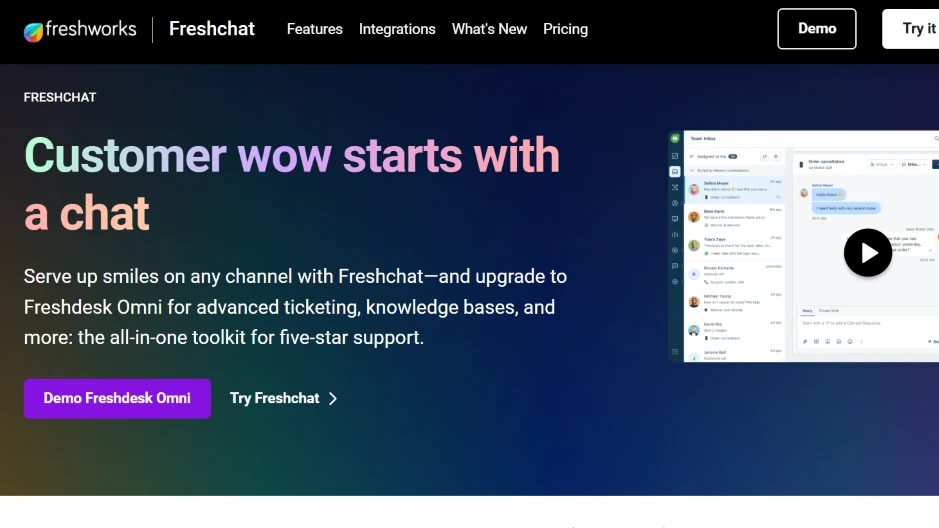 Freshchat page showing team inbox and upgrade path to Freshdesk Omni for advanced support.