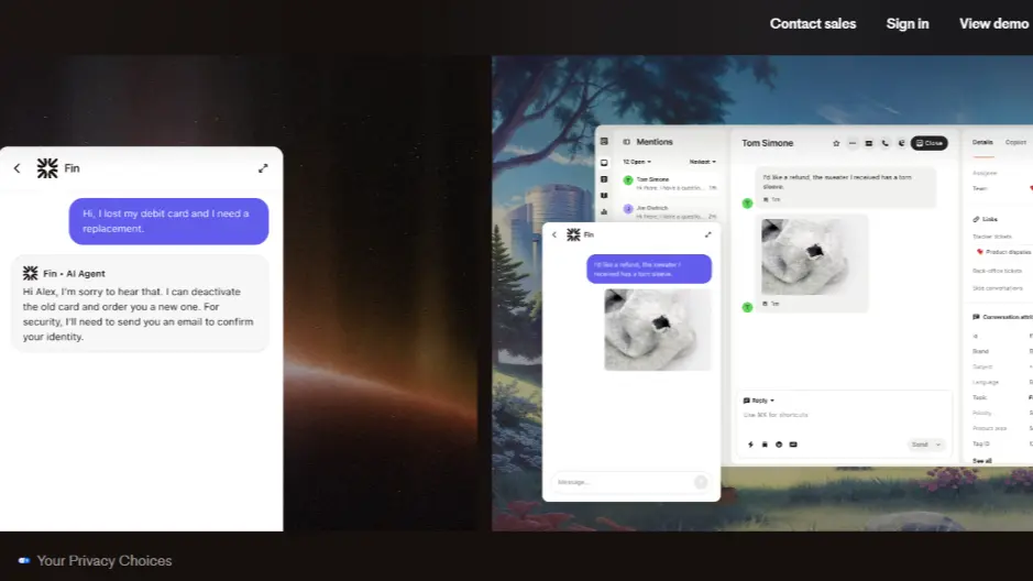Intercom Fin and Helpdesk suite showcasing AI customer service across channels.