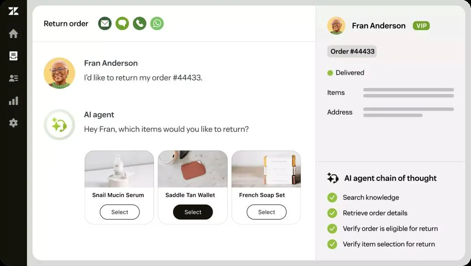 Zendesk AI Agents demo guiding a return order with item selection and verification steps.