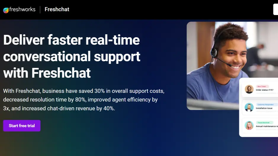 Freshchat page highlighting real-time conversational support and measurable savings.