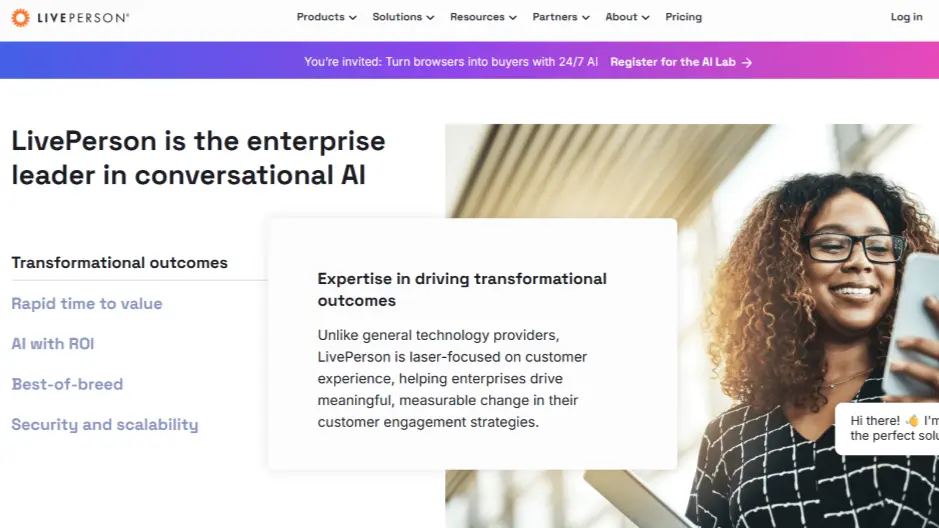LivePerson homepage promoting enterprise conversational AI and measurable outcomes.