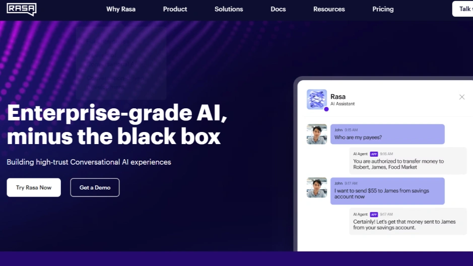 Rasa homepage for enterprise conversational AI with secure, explainable assistants.