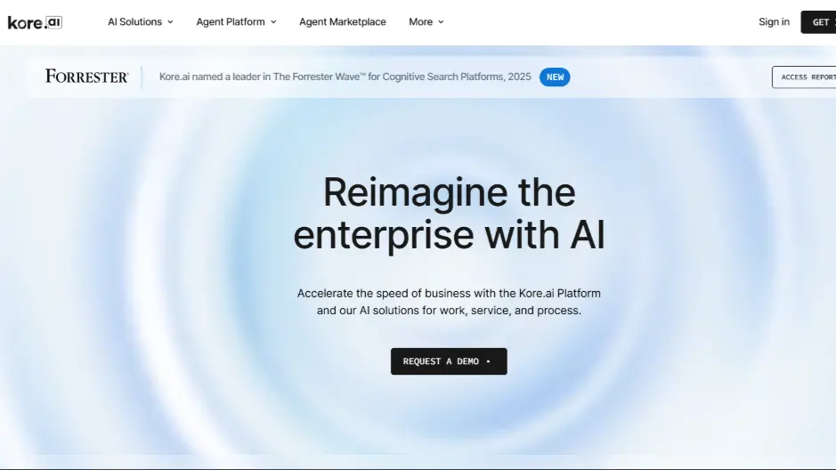 Kore.ai platform hero inviting businesses to reimagine the enterprise with AI.