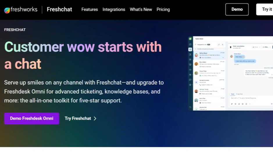 Freshchat page highlighting AI customer messaging with upgrade to Freshdesk Omni toolkit.