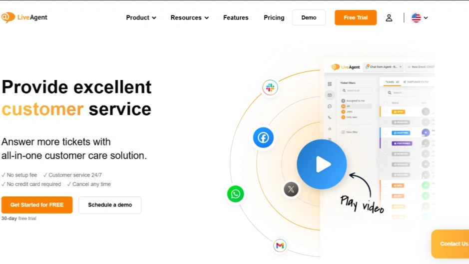 LiveAgent customer service platform with ticketing UI and multichannel contact icons.