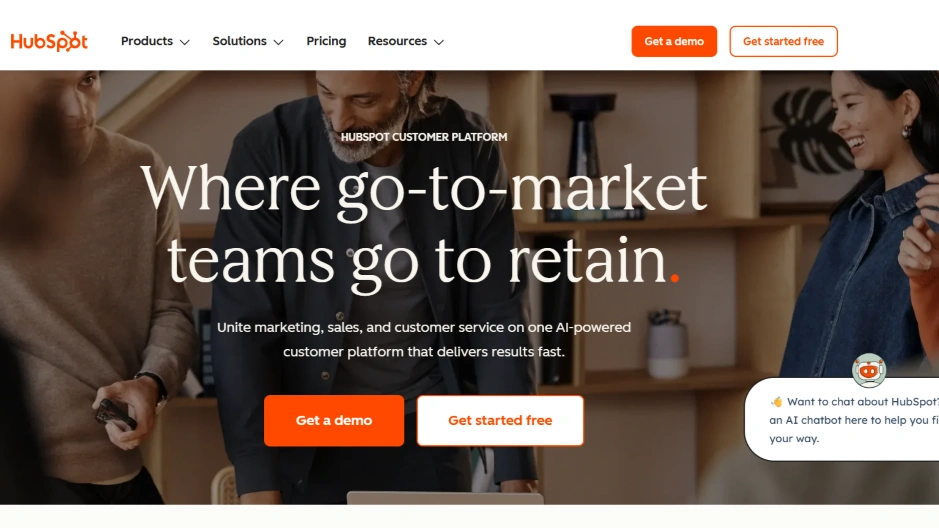 HubSpot customer platform hero uniting marketing, sales, and AI customer service.