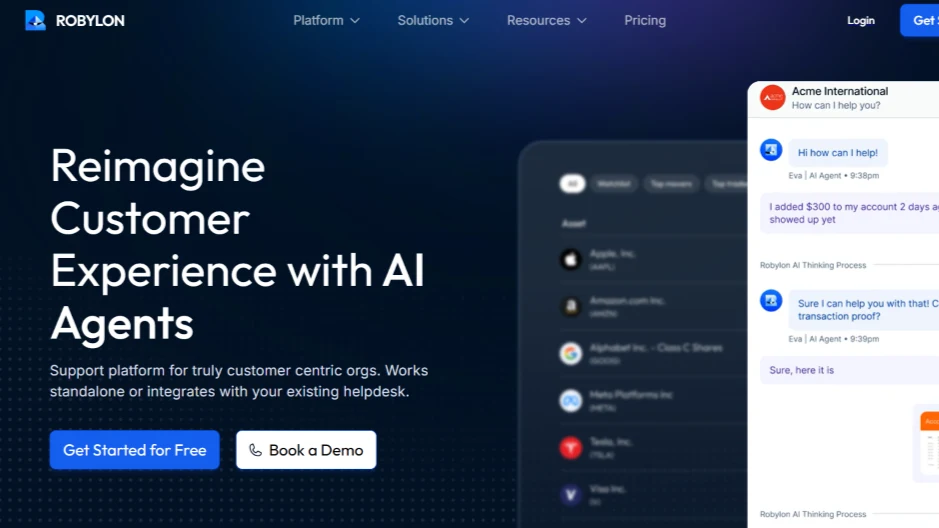 Robylon platform showcasing AI agents that integrate with helpdesks for customer support.