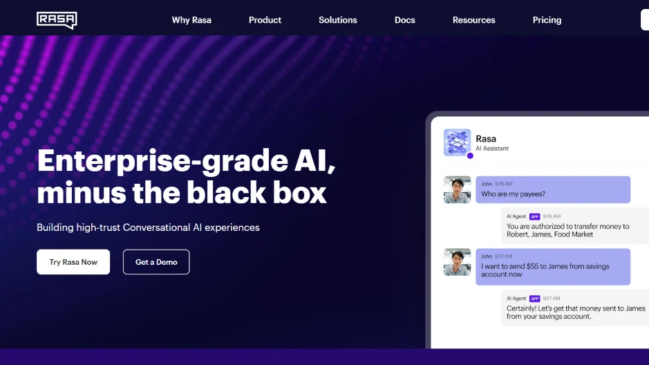 Rasa homepage promoting enterprise conversational AI with secure, explainable assistants.