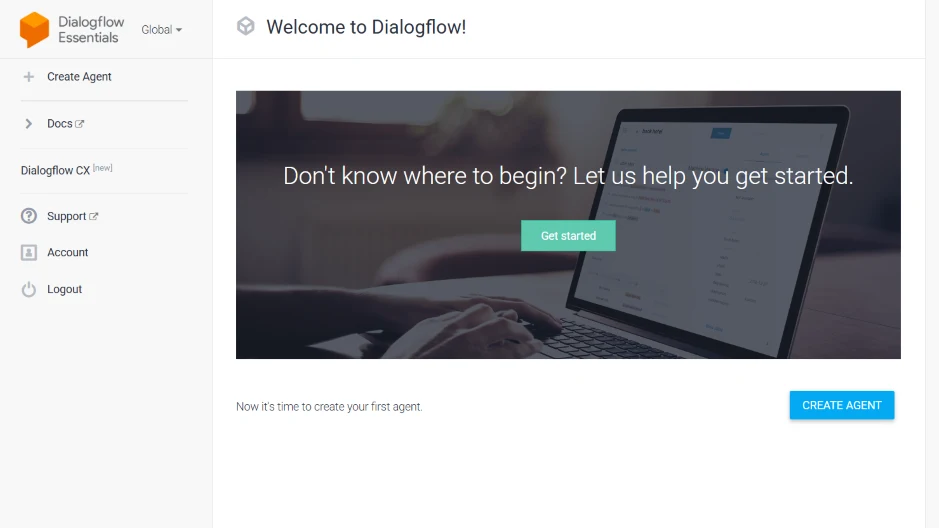 Google Dialogflow console showing Create Agent dashboard for building AI chatbots.