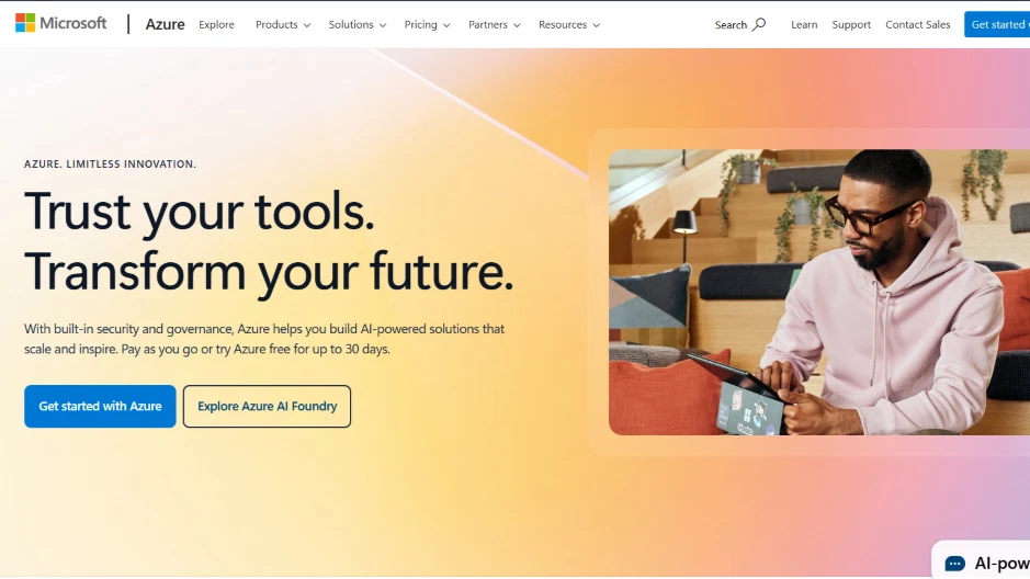 Microsoft Azure homepage promoting AI cloud platform with built-in security and governance.