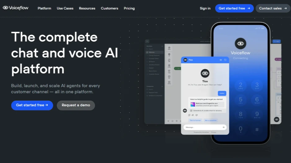 Voiceflow platform for building chat and voice AI agents with mobile and web interfaces.