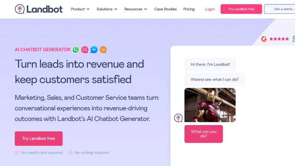 Landbot AI chatbot generator page focused on lead capture and customer satisfaction.