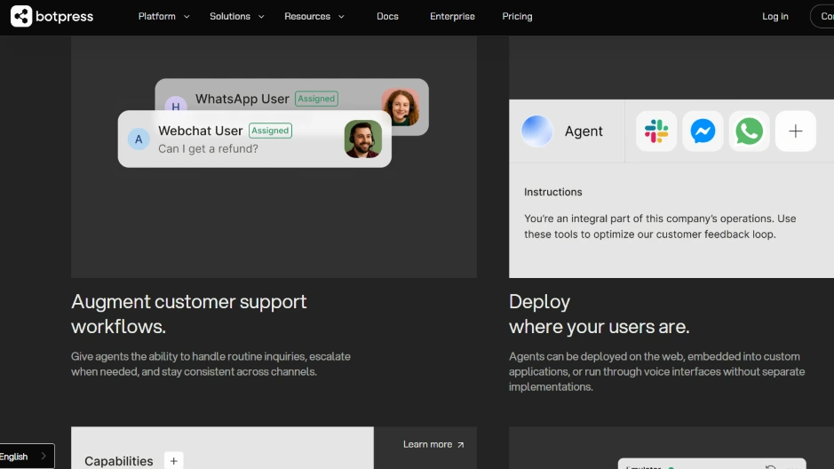 Botpress AI agent panel with Slack, Messenger, and WhatsApp icons for multichannel customer support.