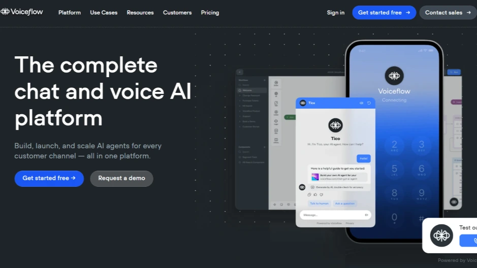 Voiceflow chat and voice AI platform showing mobile and web agent interfaces for omnichannel support.