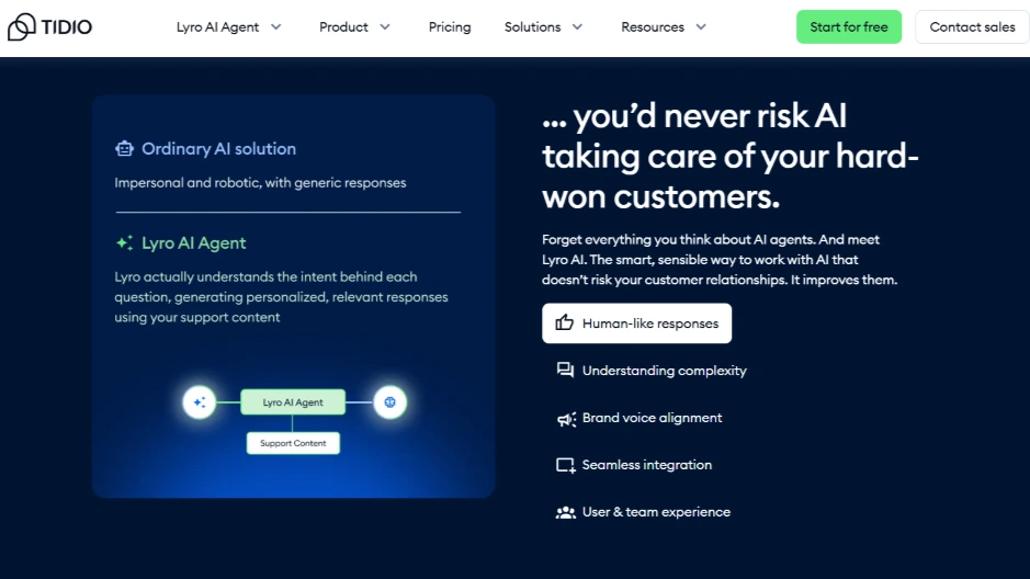 Tidio Lyro AI Agent benefits: human-like responses, brand voice alignment, seamless integration.