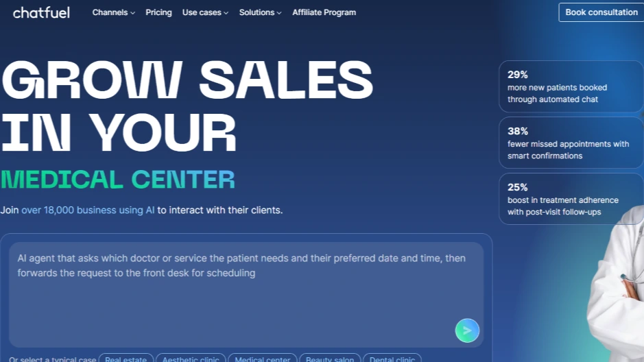 Chatfuel AI chatbot for medical centers collecting patient needs and scheduling appointments.