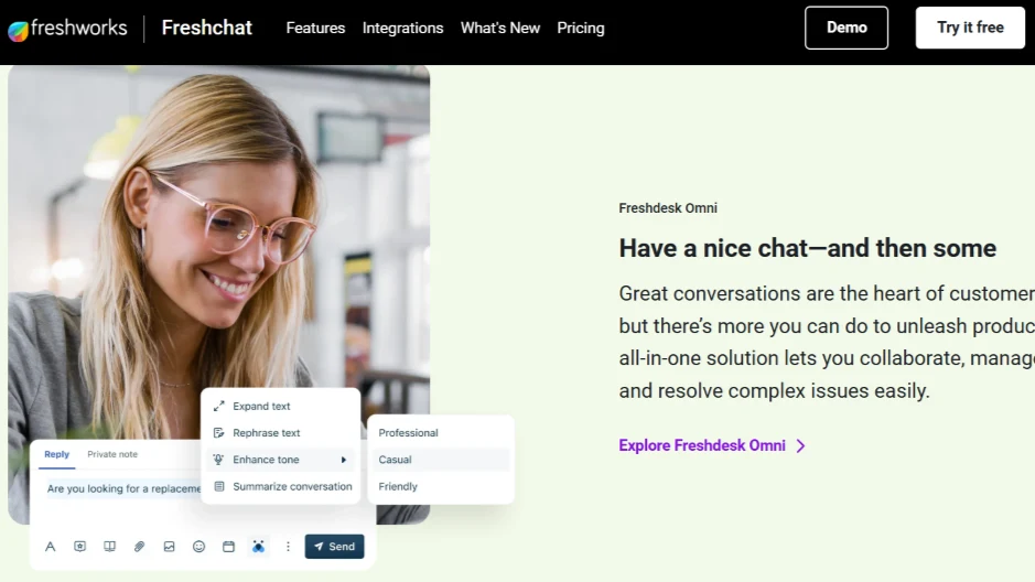 Freshdesk Freshchat interface with AI reply tools for enhancing tone and summarizing conversations.