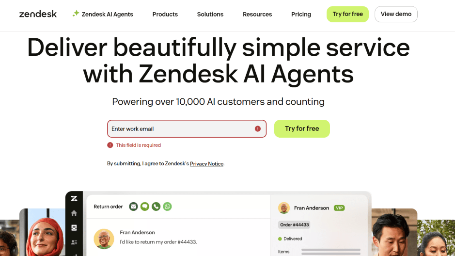Zendesk AI Agents page highlighting automated return order workflows across web, email, and messaging.