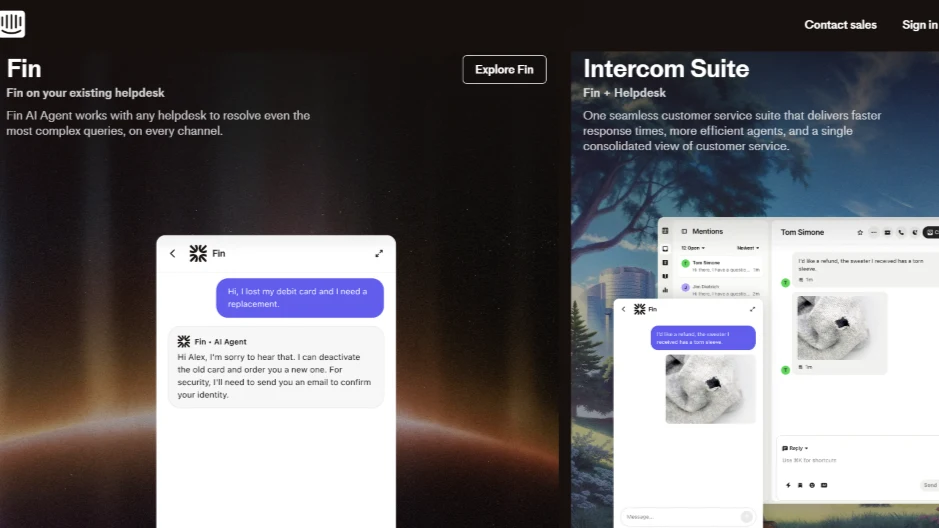 Intercom Fin AI Agent and helpdesk suite demonstrating automated customer support in chat.