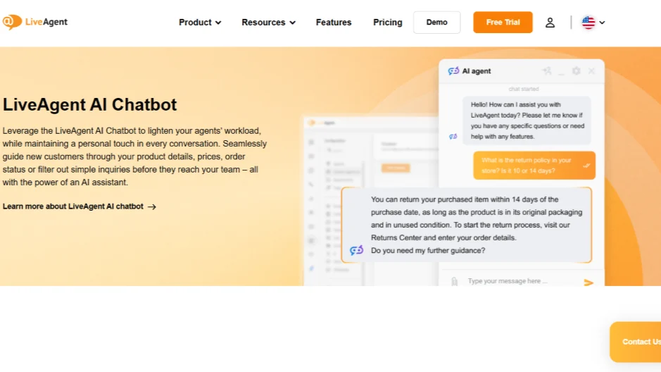 LiveAgent AI chatbot answering an e-commerce return policy question on a help center page.