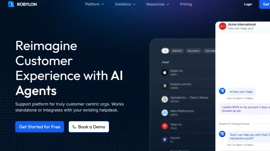 Robylon AI dashboard automating customer support tasks with integrations across CRM, APIs, and workflows.