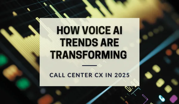 Voice AI trends transforming call center CX in 2025, shown on an analytics dashboard background