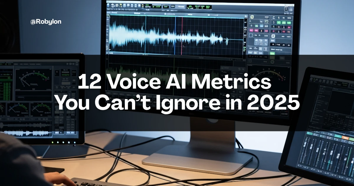 Studio screens with audio waveforms illustrating Voice AI metrics contact centers should track in 2025.