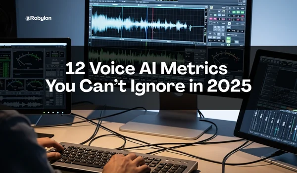 Studio screens with audio waveforms illustrating Voice AI metrics contact centers should track in 2025.