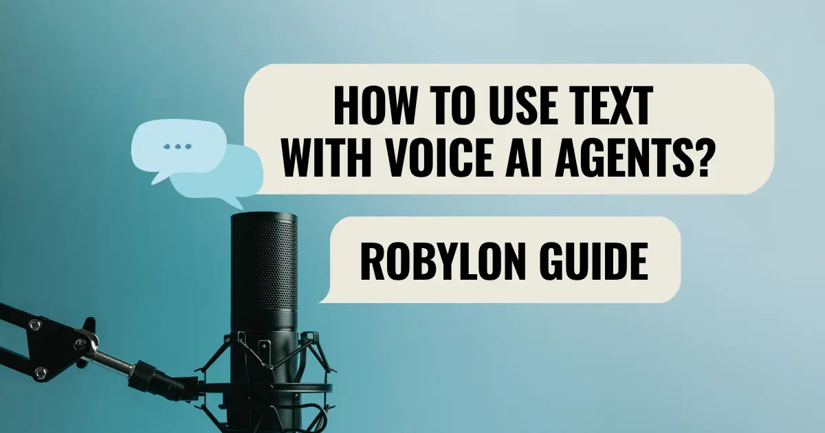 Studio microphone and chat bubbles representing AI voice agents using text/SMS with Robylon's how-to guide cover.